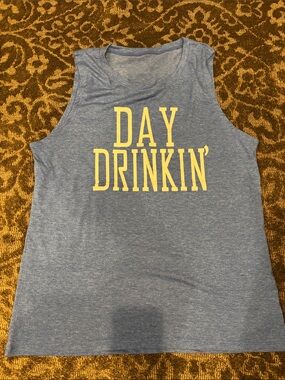 Blue Graphic Muscle Tee with Yellow 'DAY DRINKIN'' Print